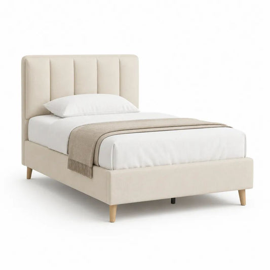 Lit simple rembourré en polyester beige avec tête de lit à panneaux verticaux et sommier à lattes, couchage 90 × 190 cm