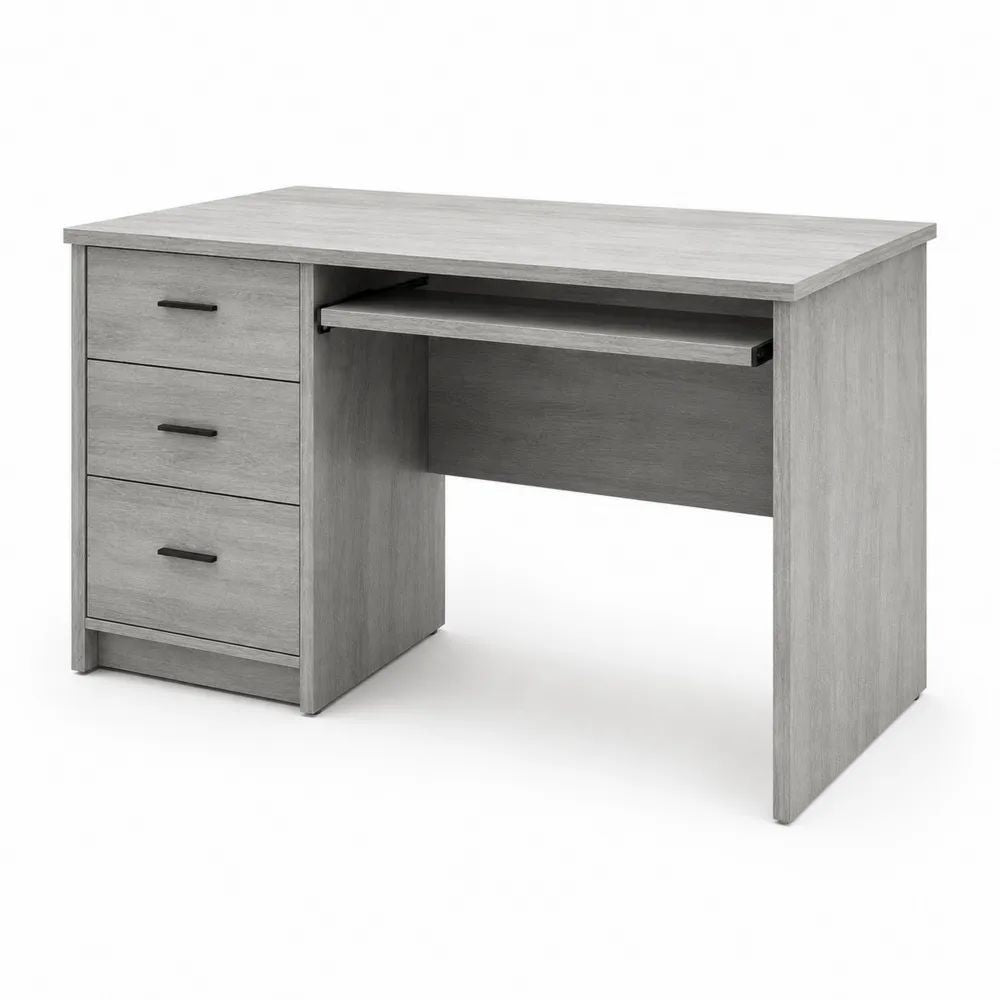 Bureau informatique rectangulaire en panneaux de particules mélaminés gris et noir avec 3 tiroirs et tablette coulissante, 120 x 60 x 75 cm